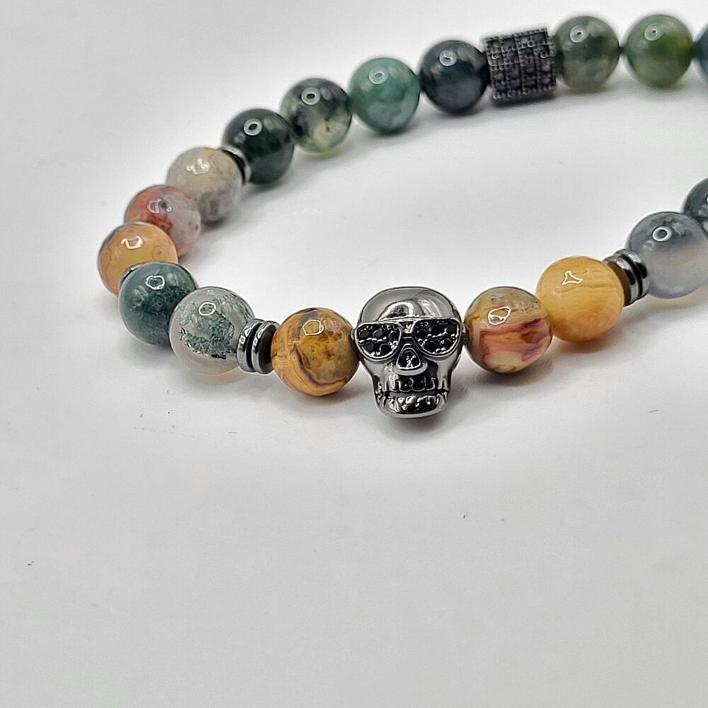 Artisan Healing Skull Bracelet Green Moss Agate, Sandstone 7.5in